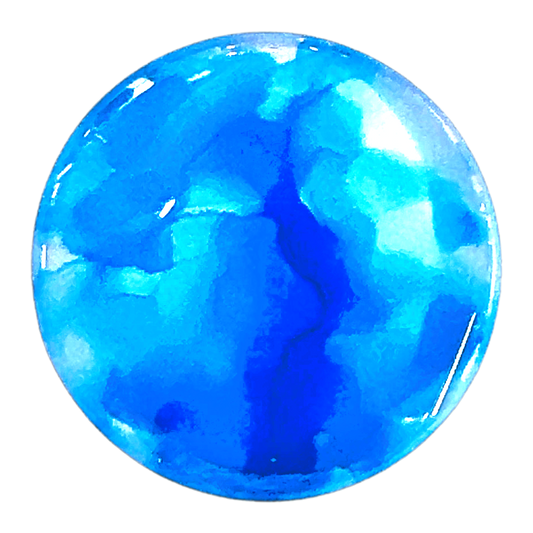 A neon blue alcohol ink dot swirl design on a clear background.